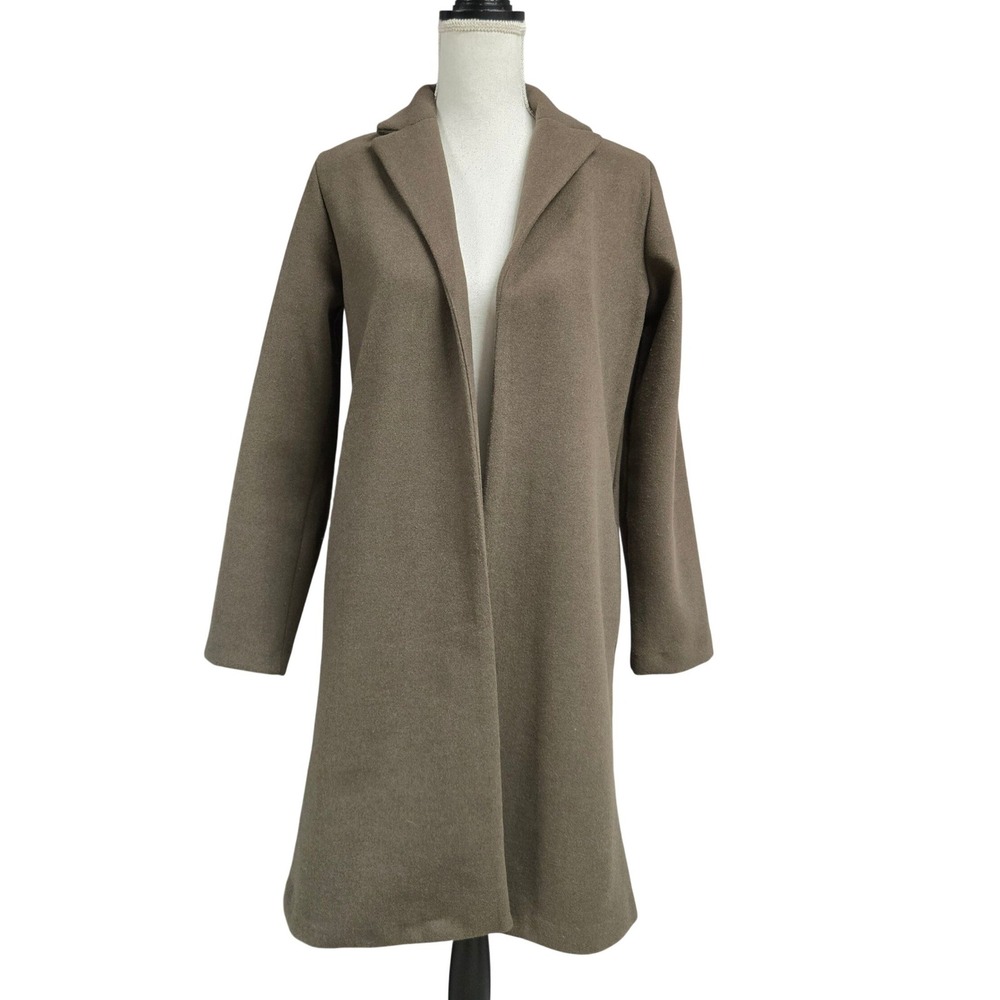 Zara Open Front Longline Coat Felt Notched Lapel Taupe Brown Women's Sz S